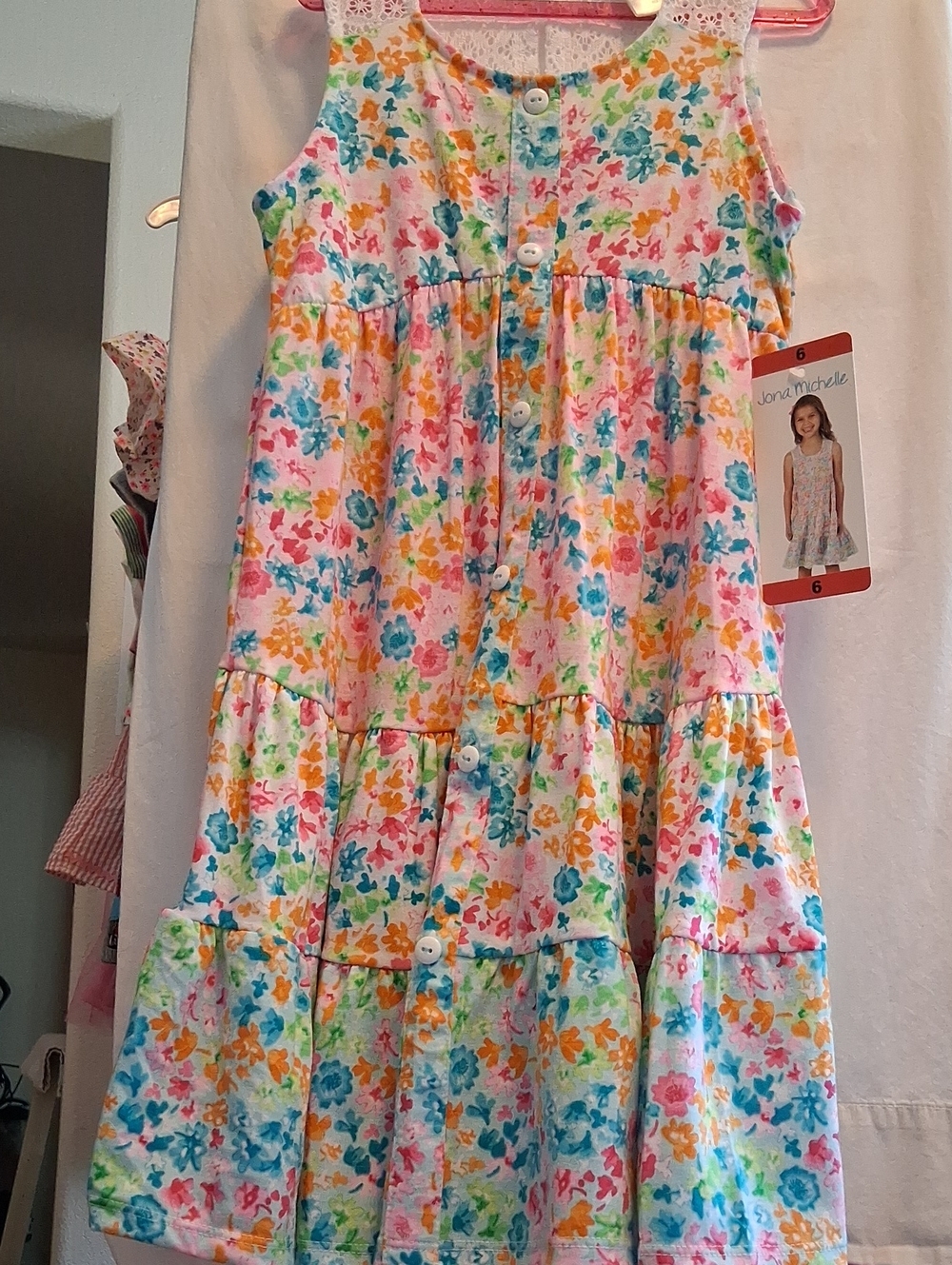 Back To School Deals White Sundress with Blue, Pink, Yellow & Green Floral Print